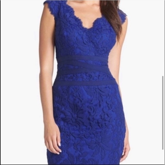 Tadashi Shoji | Embroidered Lace V Neck Sheath Dress In Marina Blue Size 2P - Picture 10 of 11